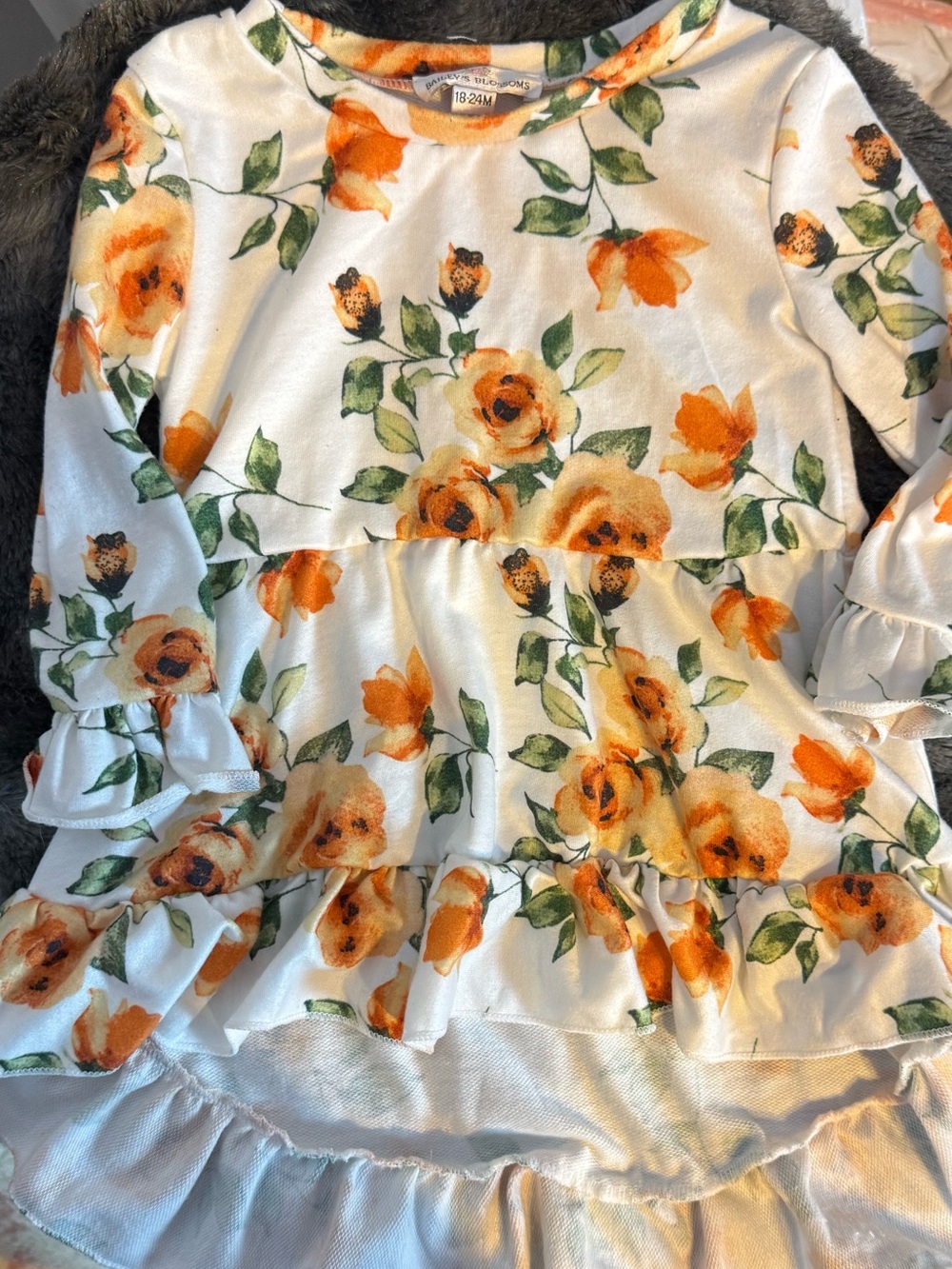 Girls White Floral Ruffle Top with Orange Rose Print